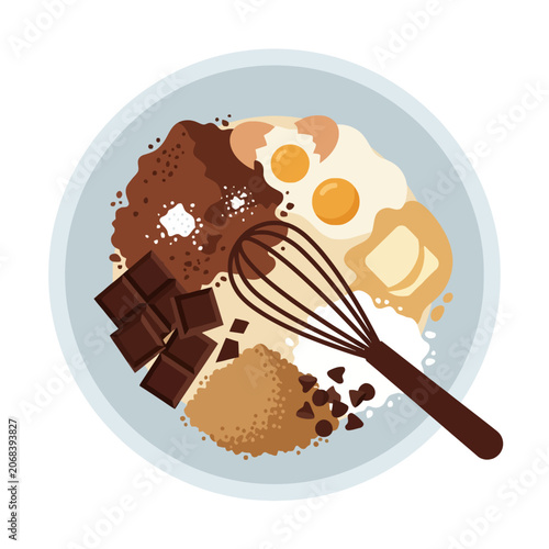 Baking ingredients for chocolate cake in a mixing bowl