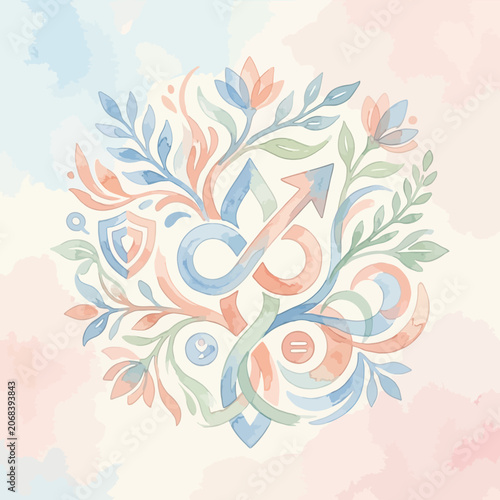 Pastel watercolor floral emblem with abstract symbols