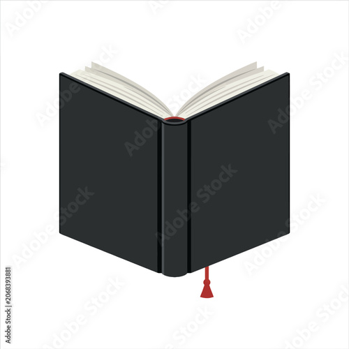 An open black hardcover book with a red bookmark