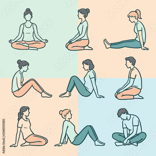 Diverse people practicing different seated yoga and meditation poses