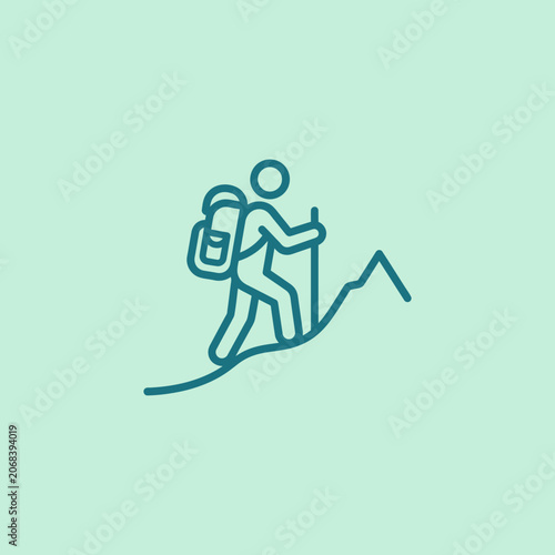 A simple line icon of a hiker climbing a mountain peak
