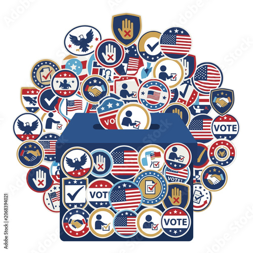 A blue ballot box is surrounded by many colorful voting icons