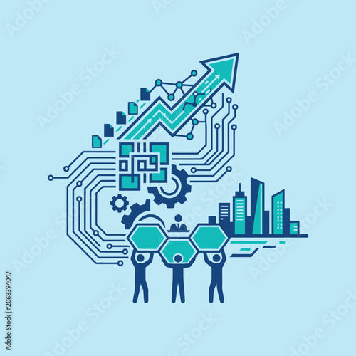 Business team builds digital growth and smart city success