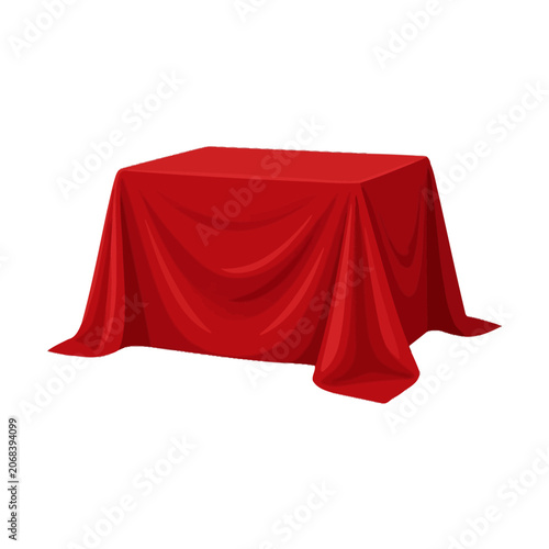 A rectangular table covered with a draped red tablecloth
