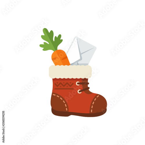 A festive red winter boot filled with a carrot and letter