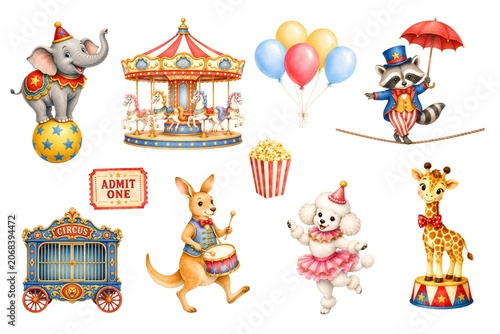 Cute circus animals watercolor clipart set with lion, tiger, monkey, clown, and circus tent.