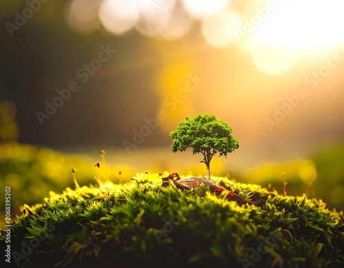 Small tree on green mossy hill.