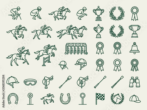 Schilderij op canvas Horse racing and equestrian line icon set featuring jockeys, trophies, and gear
