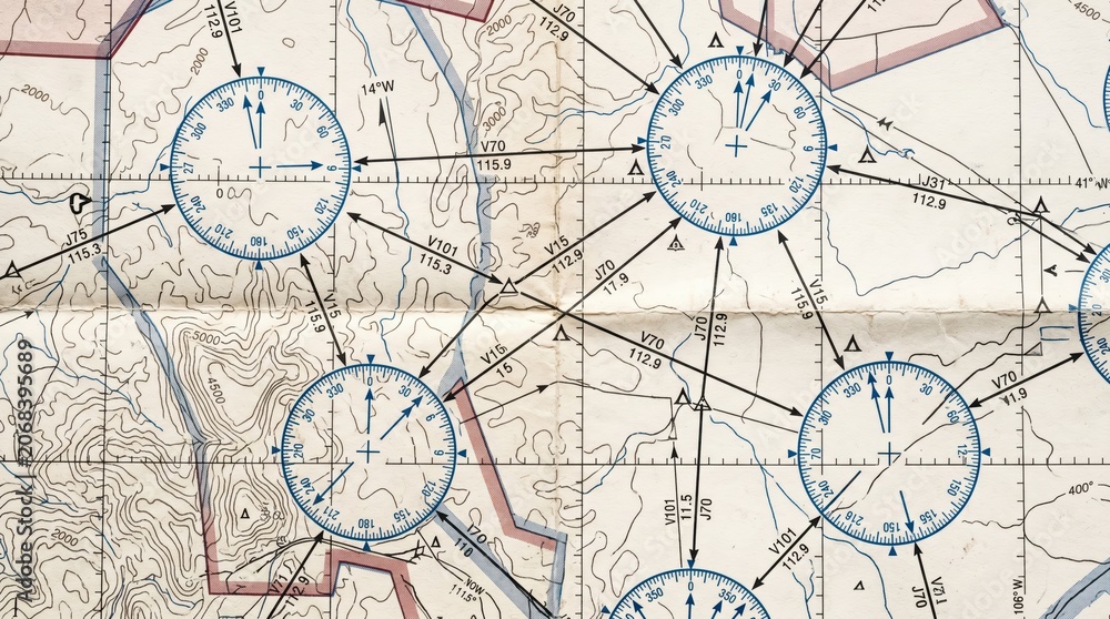 Fototapeta premium Detailed folded navigation chart with circular compass roses, topographic contour lines and plotted routes on aged paper surface for cartography and planning, analytic and technical appearance