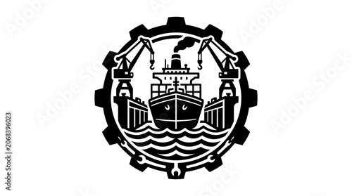 Industrial harbor cargo ship logo design.