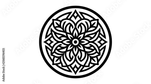 Intricate black mandala design symbol.
