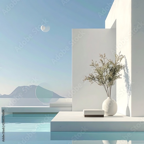 Modern minimalist white villa pool landscape.
