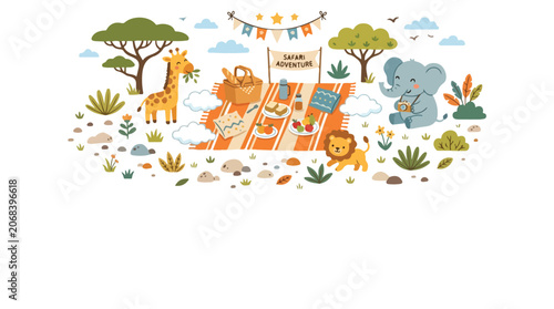 Photography A cute cartoon vector illustration of a safari picnic with a giraffe, elephant, and lion enjoying food on a striped blanket outdoors