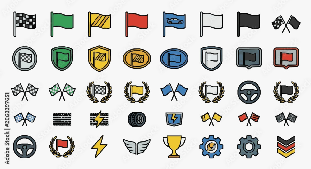 Naklejka premium Elegant Racing and Motorsport Iconography Collection Featuring Flags Symbols and Emblems for Competitive Driving