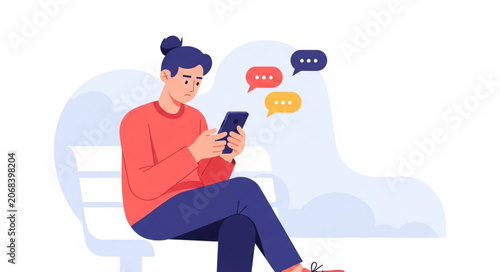 Young person texting on a smartphone with chat bubbles above.
