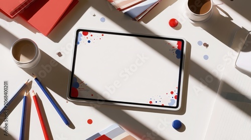 Tablet computer with blank screen surrounded by office supplies and decorative elements on a white desk.