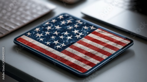 Smartphone displaying the United States flag on a textured surface with a blurred keyboard in the background.