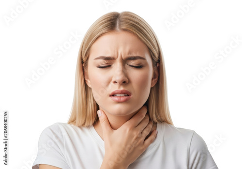 Woman in Pain, Clutching Her Throat with Eyes Closed and Worried Expression