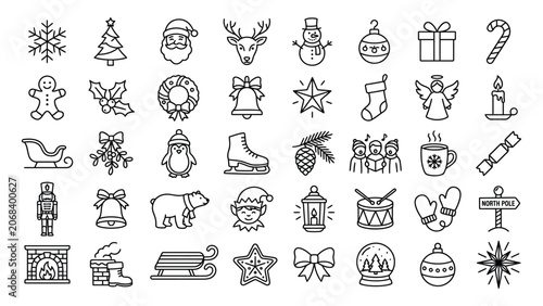Christmas icons arranged in a grid feature traditional holiday symbols for seasonal branding, festive design projects, and winter celebrations.