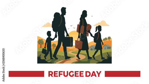 Cuadro en lienzo Refugee family walks through a rural landscape carrying their belongings in search of safety