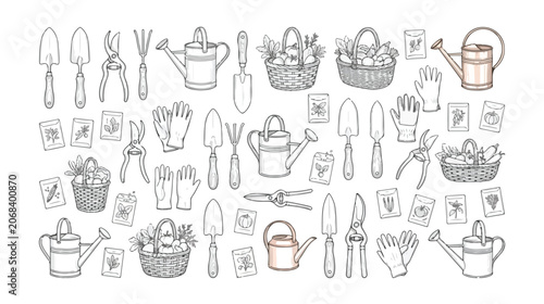 Принти на полотні Hand drawn gardening tools vector set, vintage garden equipment sketches, rustic