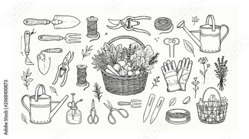 Принти на полотні Vintage gardening tools and harvest basket vector set, hand drawn garden equipme