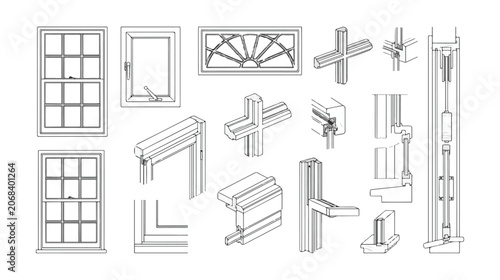 Foto Architectural window technical drawings, construction details and frame sections