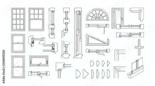 Foto Architectural window technical drawings set, construction window frame details a