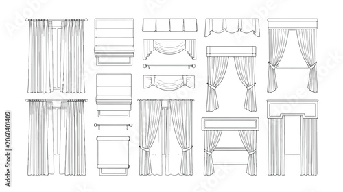 Принти на полотні Technical curtain sketches and window treatment set, interior design drapery lin