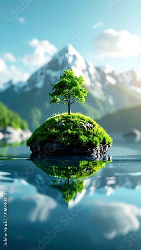 Serene landscape with tree on island.