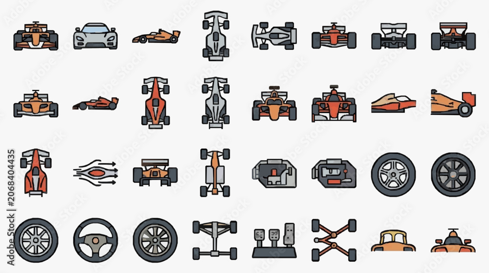 Naklejka premium Creative Collection of Racing Car Components and Vehicles in Stylized Illustrations with high professional line art symbols for modern creative design and digital branding projects