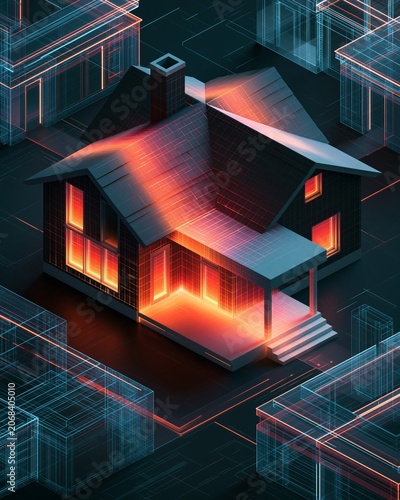 Medium shot of a futuristic house model with glowing window zones highlighting winter heat gain against a dark background featuring neonaccented architectural overlays