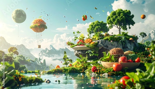 Vibrant fantasy landscape with floating fruits.