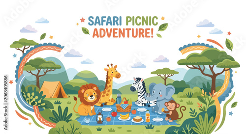 Photography An adorable cartoon vector illustration featuring safari animals like a lion and elephant having a fun picnic adventure in the savanna