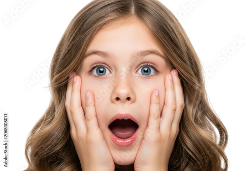 Surprised Little Girl with Wide Eyes and Mouth Open, Hands on Cheeks