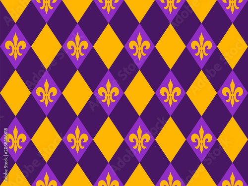Mardi Gras Seamless Pattern. Rhombus and Fleur de Lys Endless Background.