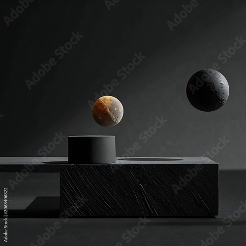 Minimalist floating spheres on pedestal.