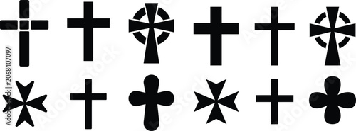 Assortment of different black cross designs on a transparent background, religious symbols for christianity and history.