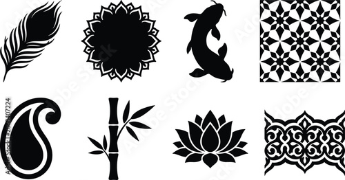 Asian Decorative Silhouette Elements Set with Lotus Koi Bamboo Paisley and Mandala
