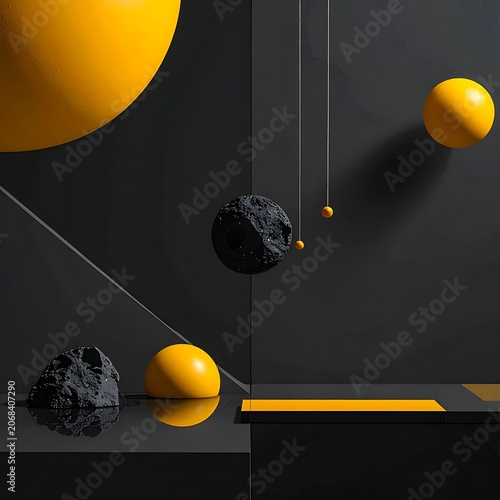 Yellow and black spheres in space.