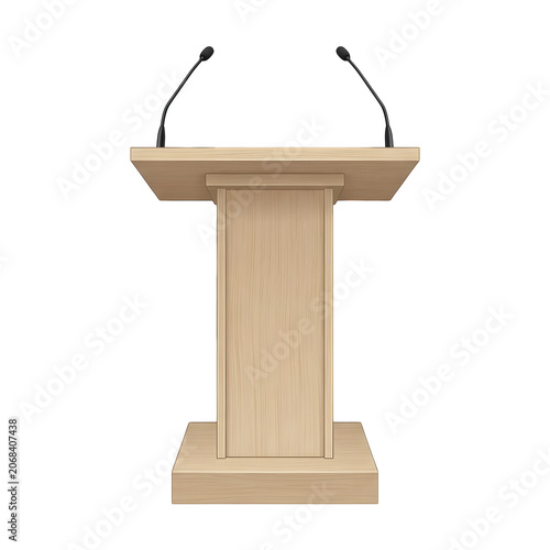 Wooden podium stand with two microphones for public speaking events or business conferences presentation isolated on transparent background