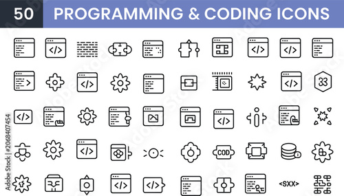 Programming and Coding Icons Representing Software Development and Data Structures Keywords: programming, coding, software, development, data, structure, code, computer, technology, icon