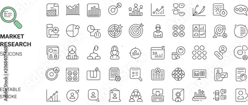 Market Research Icons Showing Data Analysis Charts and Customer Feedback Keywords: market, research, analysis, data, chart, graph, customer, feedback, survey, report, strategy, business