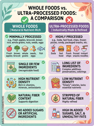 Infographic comparing healthy whole foods and unhealthy ultra processed foods with clear educational colorful icons