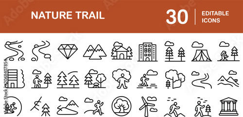 Nature Trail and Outdoor Activity Line Icons with Editable Stroke hiking