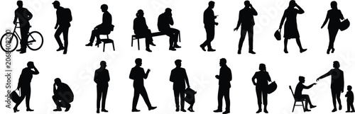 Assortment of human silhouettes engaged in everyday activities like cycling, sitting, and using phones