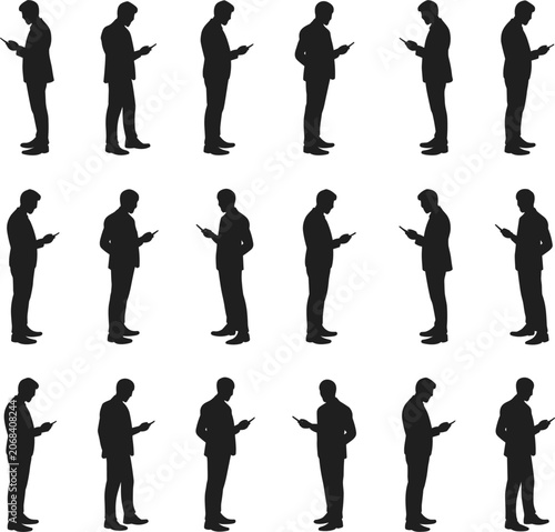 Grid of male silhouettes in suits attentively looking at and interacting with their mobile phones business