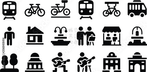 Assorted Icons of Transportation, Buildings, and People Engaged in Activities vehicle train