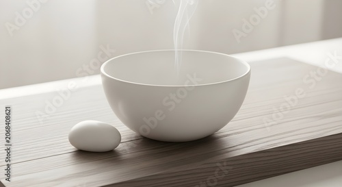 White ceramic bowl with steam and pebble on wooden board