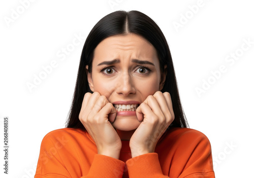 Woman in Fear, Biting Nails with Anxious Expression, Orange Sweater